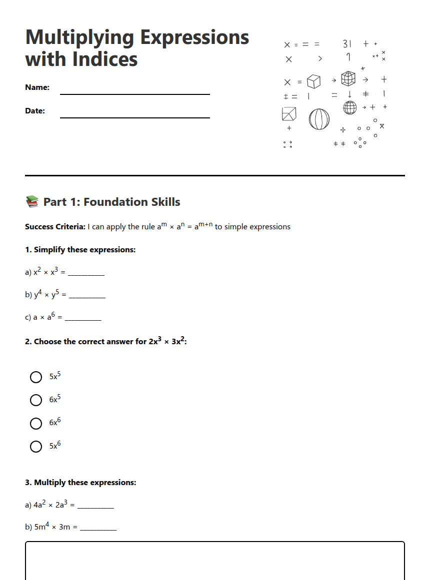 Multiplying Expressions with Indices worksheet preview