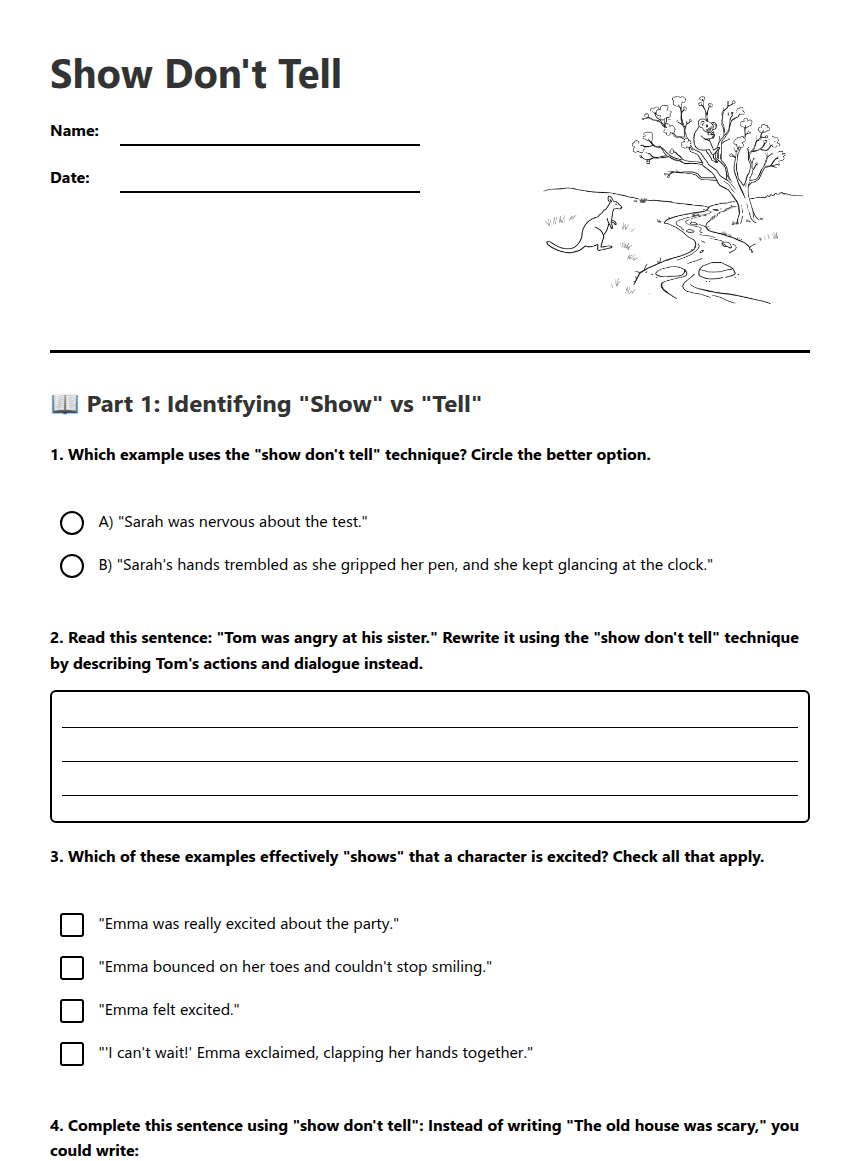 Show Don't Tell worksheet preview