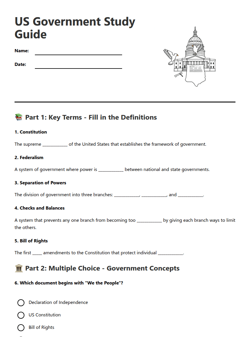 US Government Study Guide worksheet preview