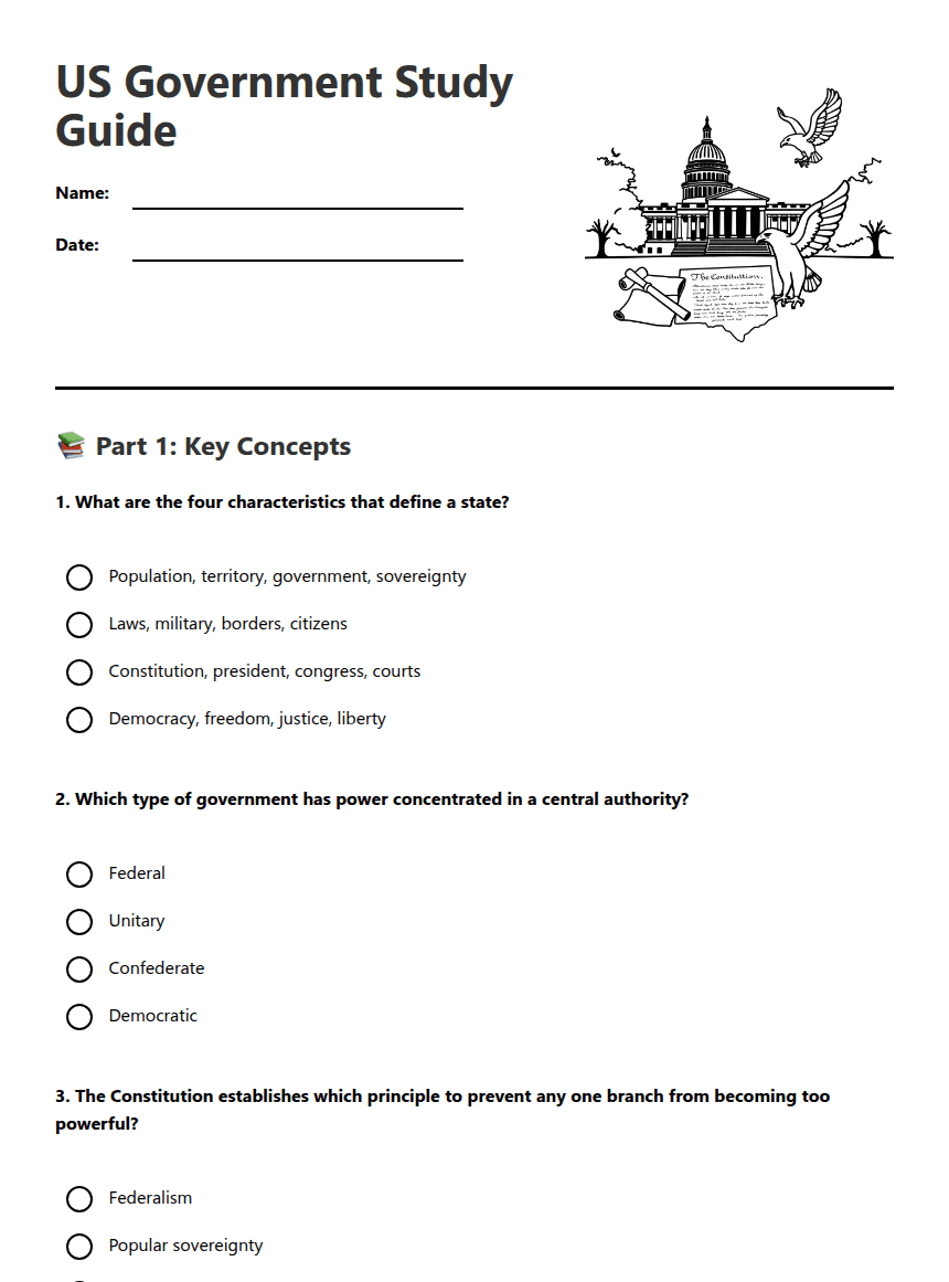 US Government Study Guide worksheet preview