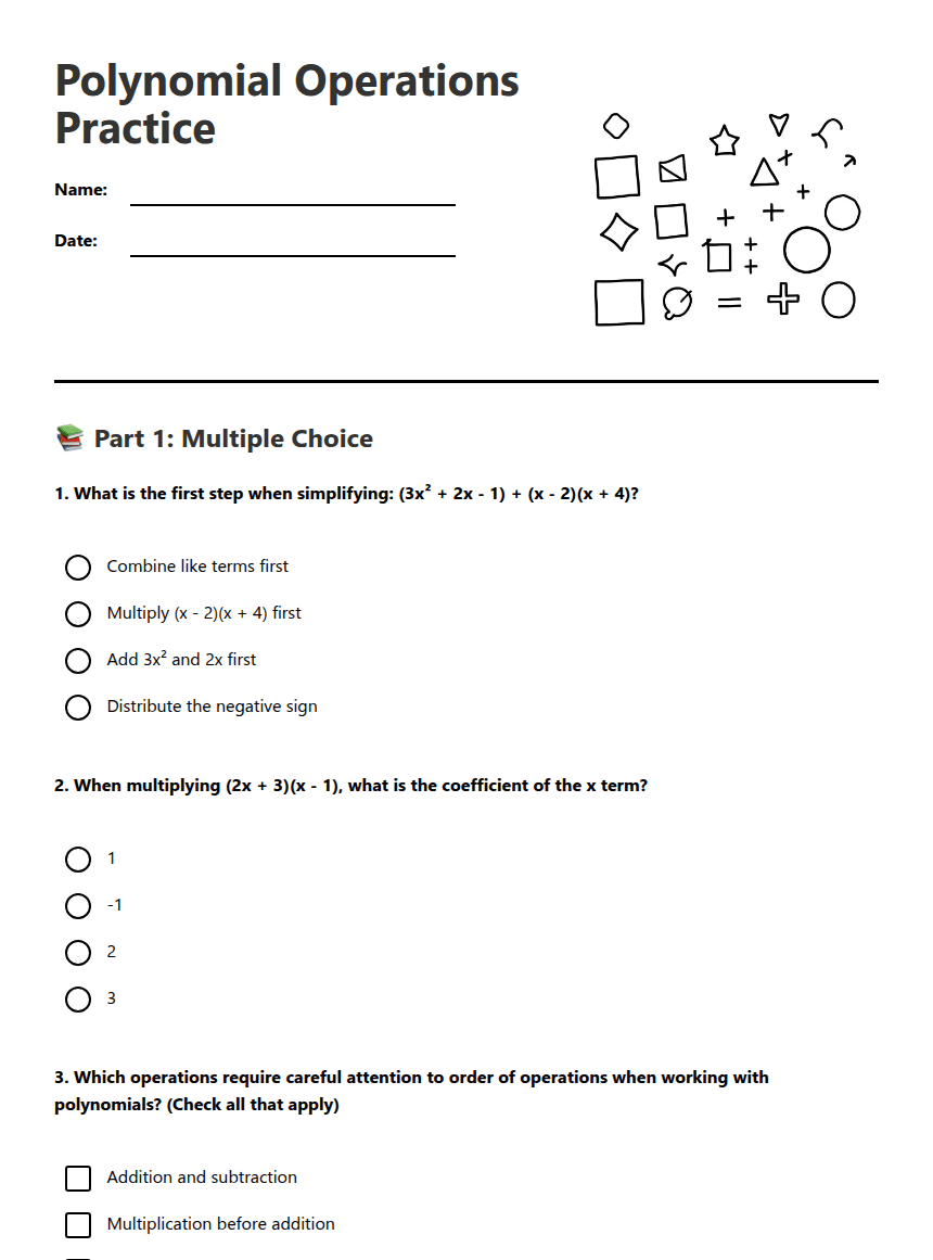 Polynomial Operations Practice worksheet preview