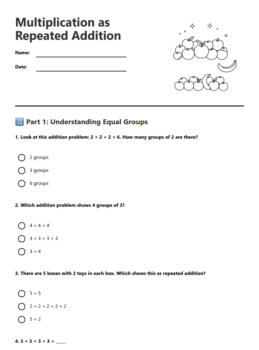 Multiplication as Repeated Addition worksheet preview