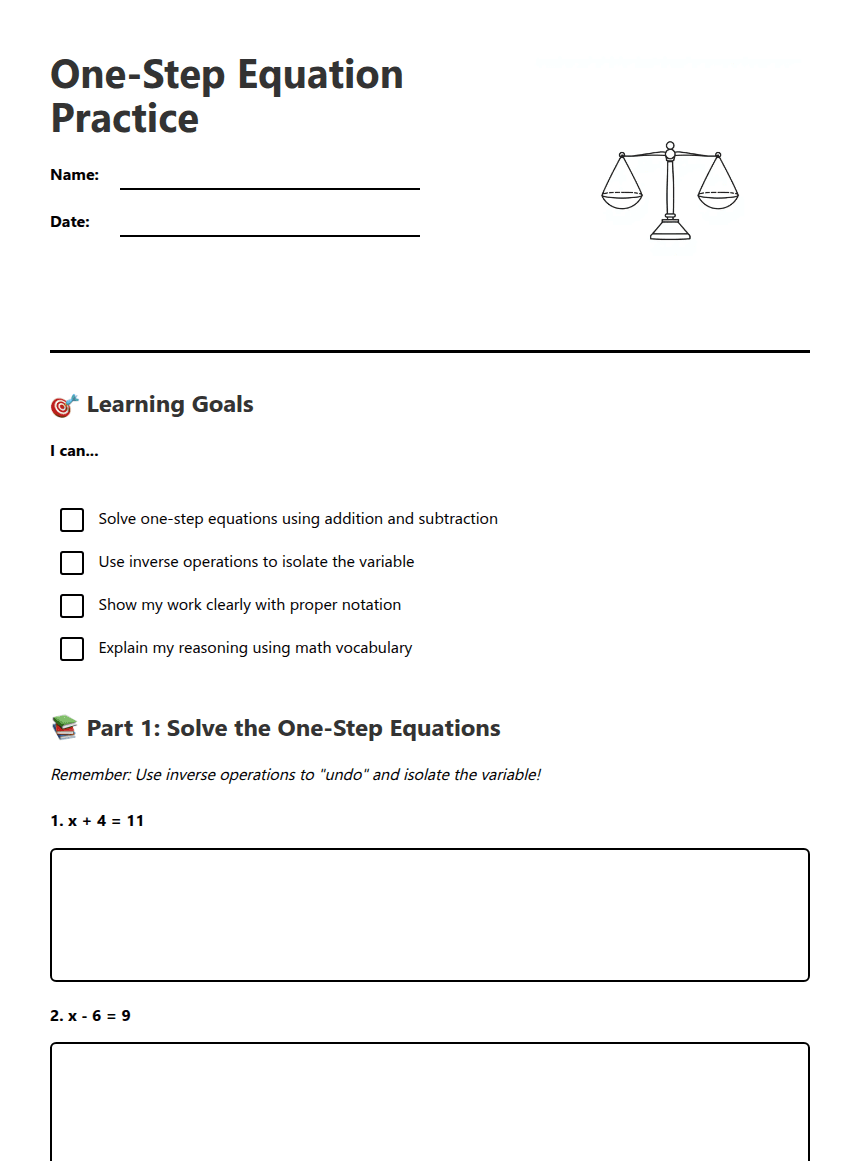 One-Step Equation Practice worksheet preview