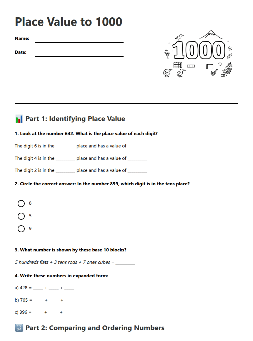 Place Value to 1000 worksheet preview