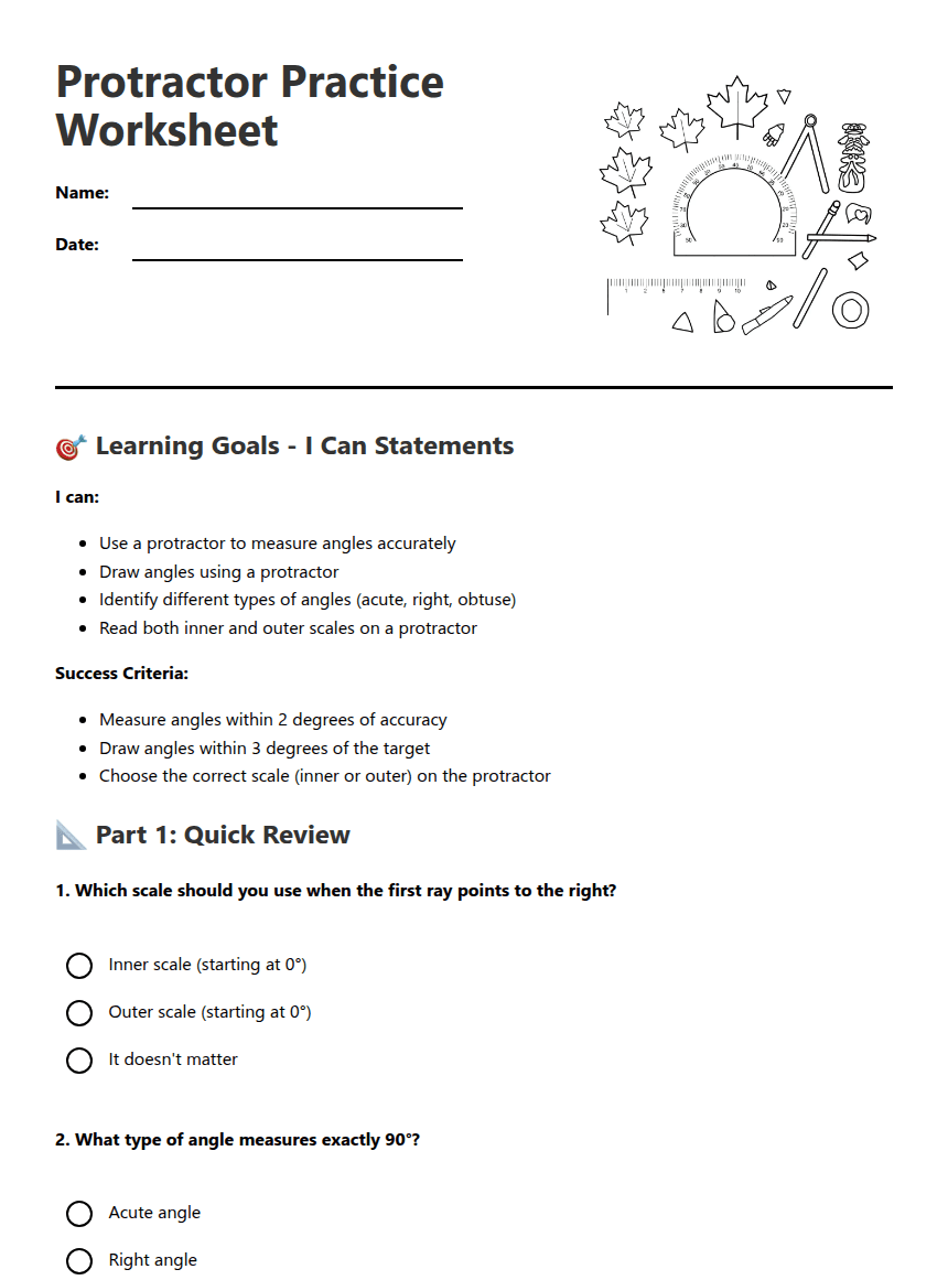 Protractor Practice Worksheet worksheet preview