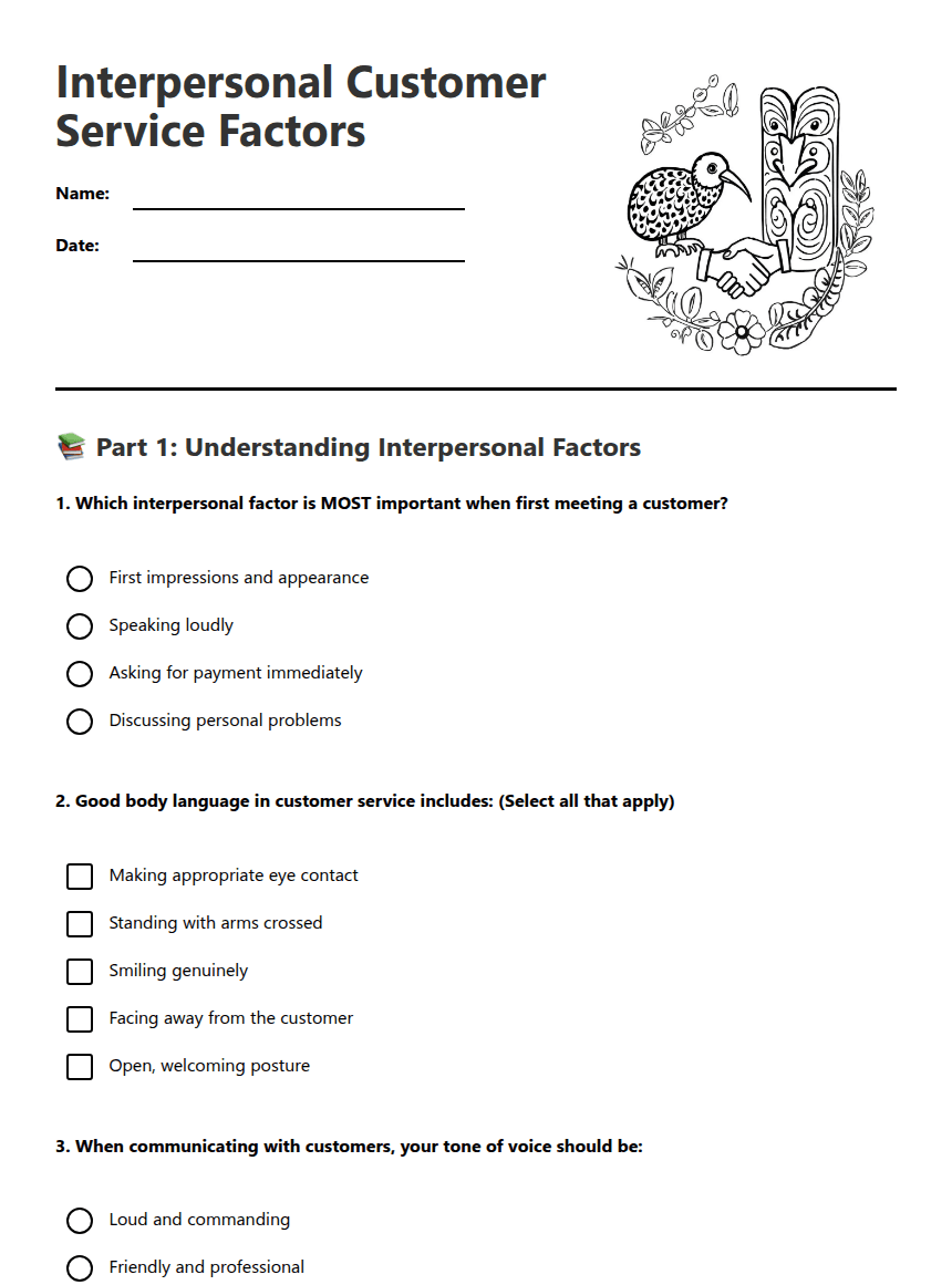 Interpersonal Customer Service Factors worksheet preview