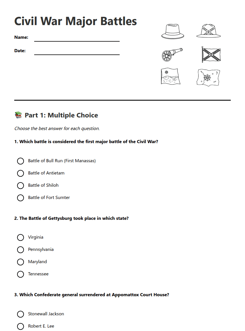 Civil War Major Battles worksheet preview