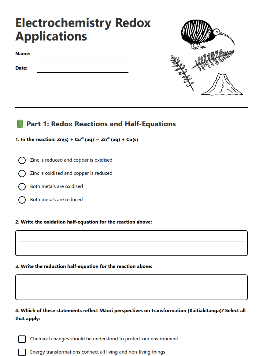 Electrochemistry Redox Applications worksheet preview