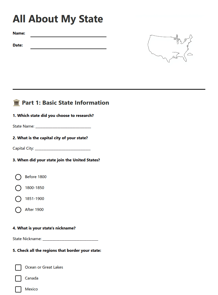 All About My State worksheet preview