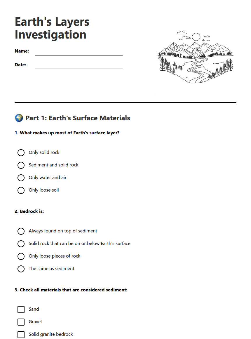 Earth's Layers Investigation worksheet preview