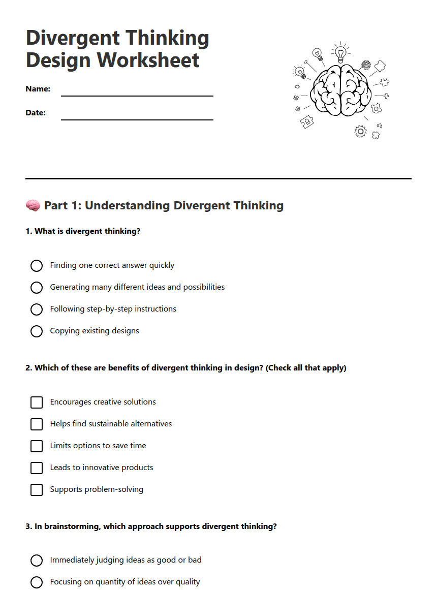 Divergent Thinking Design Worksheet worksheet preview