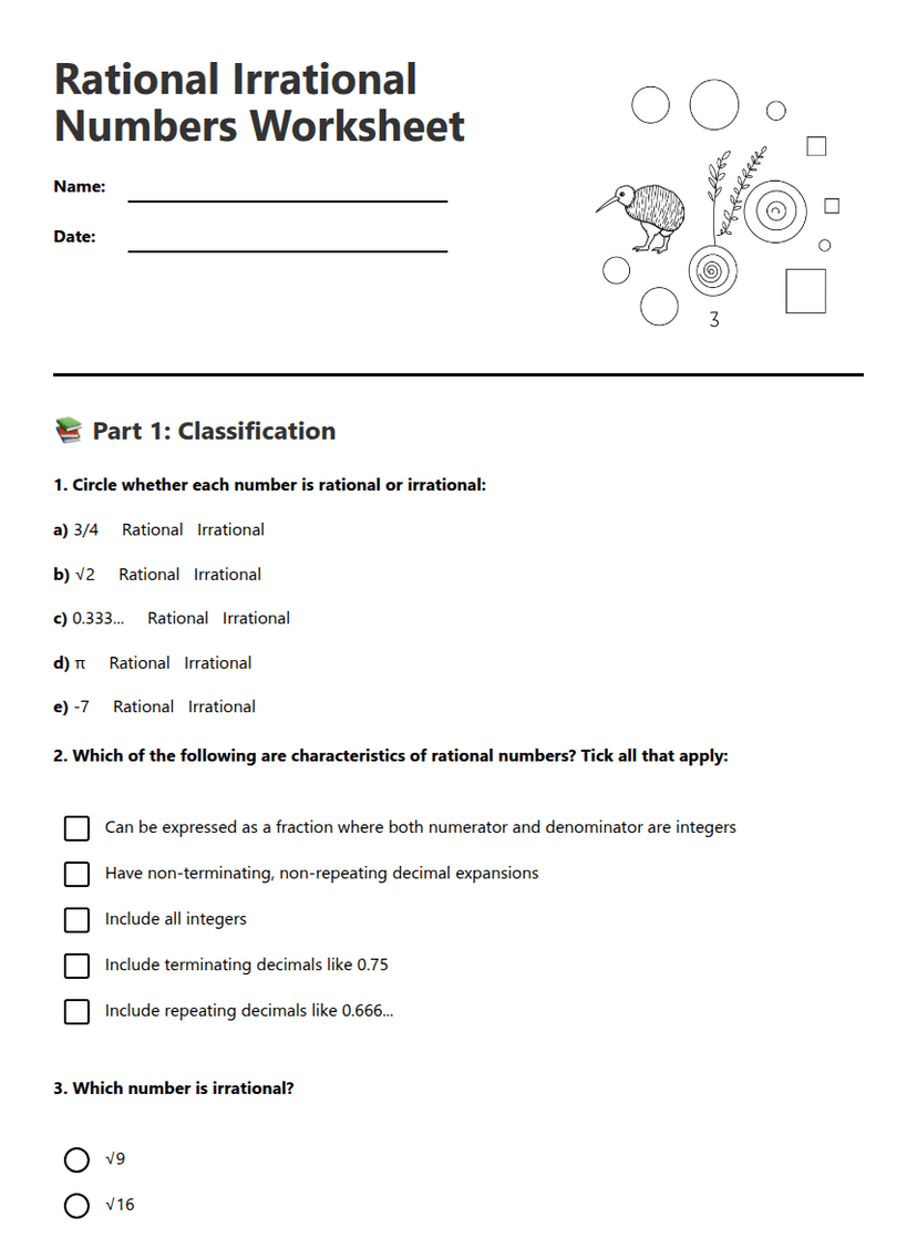 Rational Irrational Numbers Worksheet