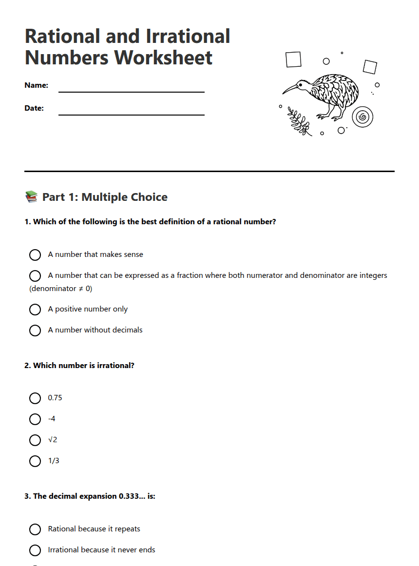 Rational Irrational Numbers Worksheet worksheet preview