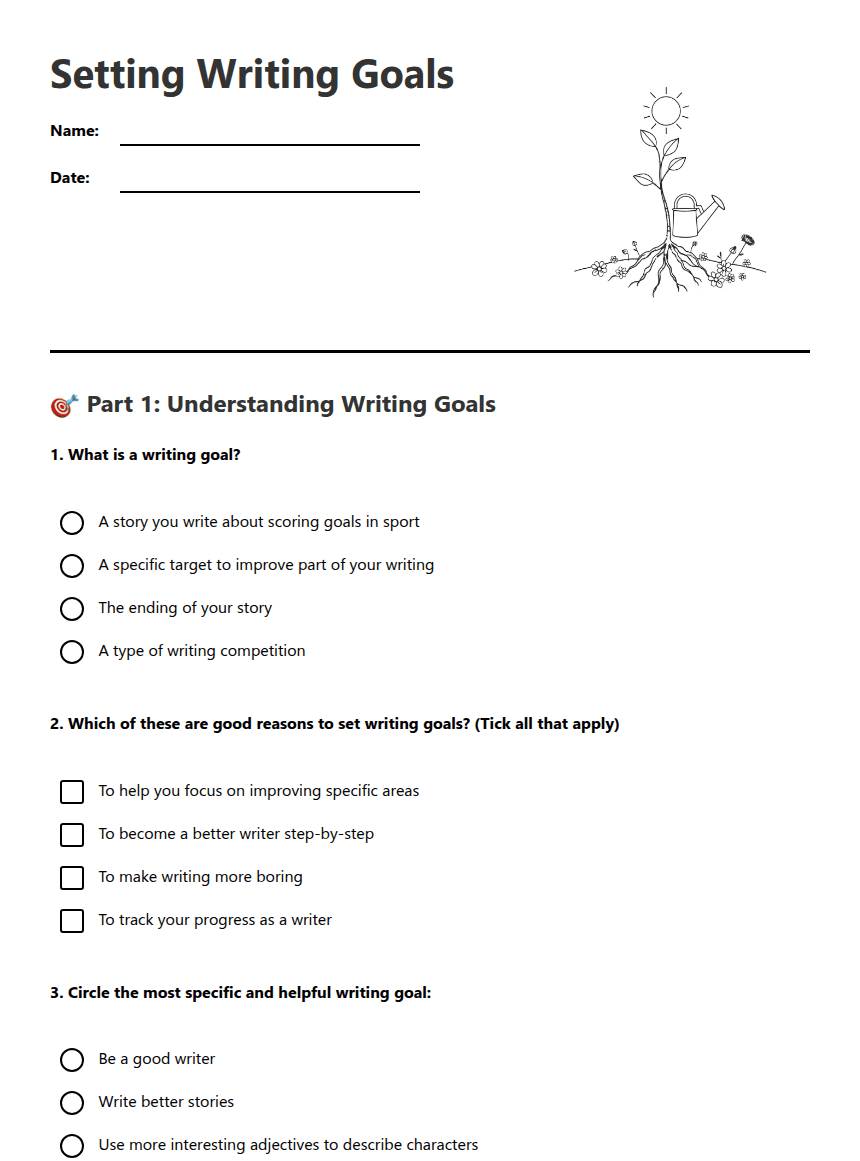 Setting Writing Goals worksheet preview