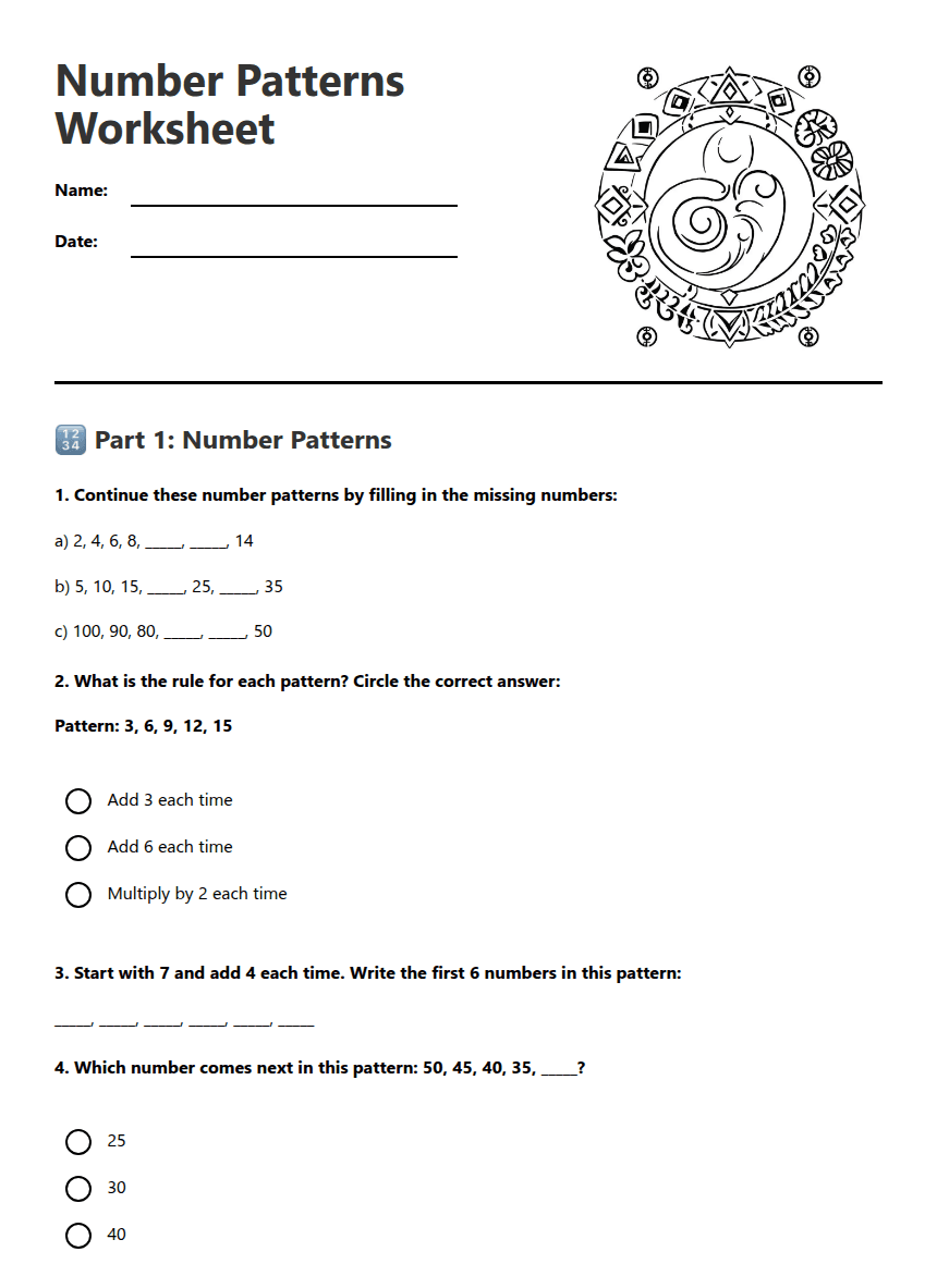 Number Patterns Worksheet worksheet preview