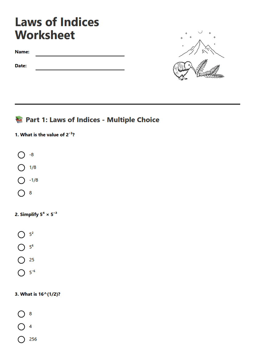 Laws of Indices Worksheet