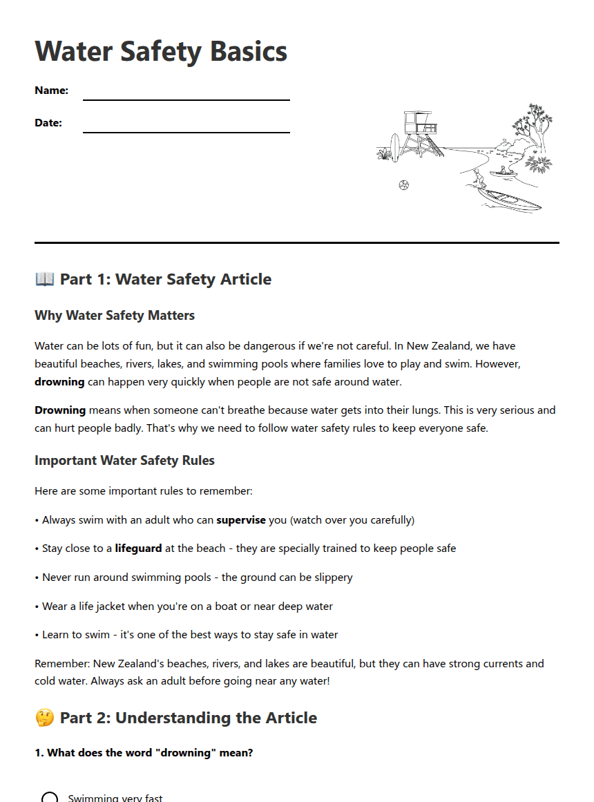Water Safety Basics worksheet preview