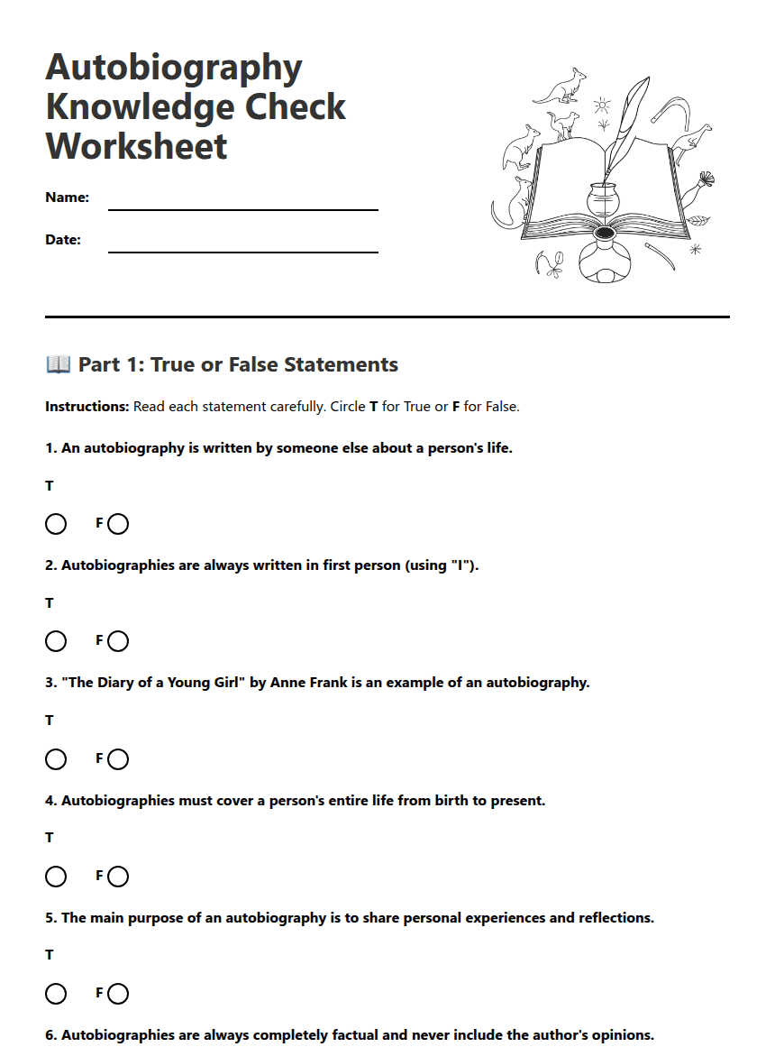 Autobiography Knowledge Check Worksheet worksheet preview