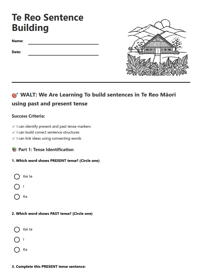 Te Reo Sentence Building worksheet preview