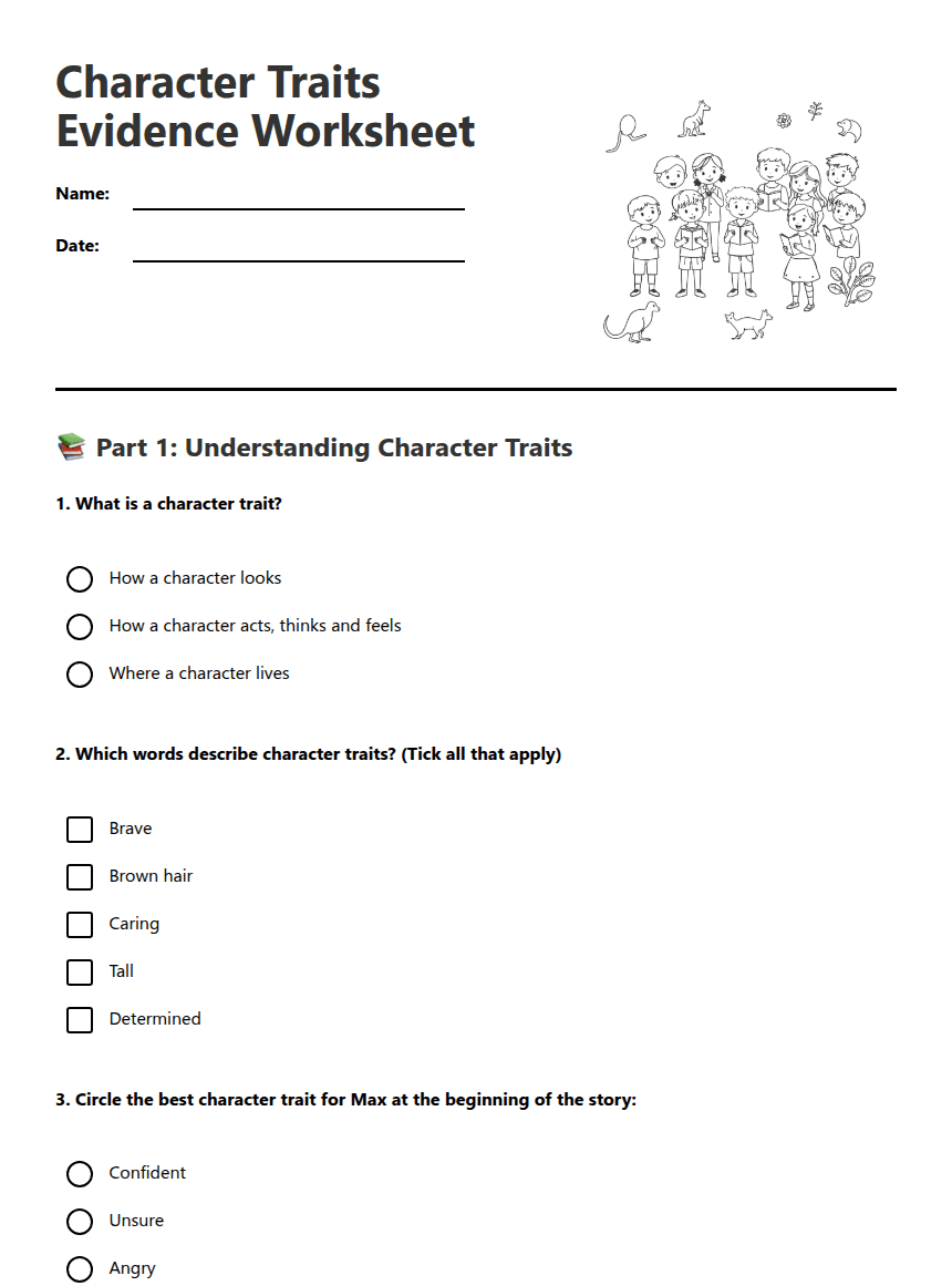 Character Traits Evidence Worksheet worksheet preview
