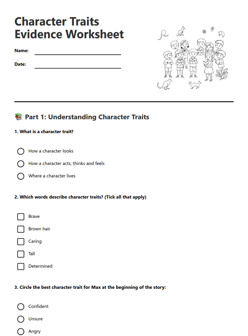 Character Traits Evidence Worksheet