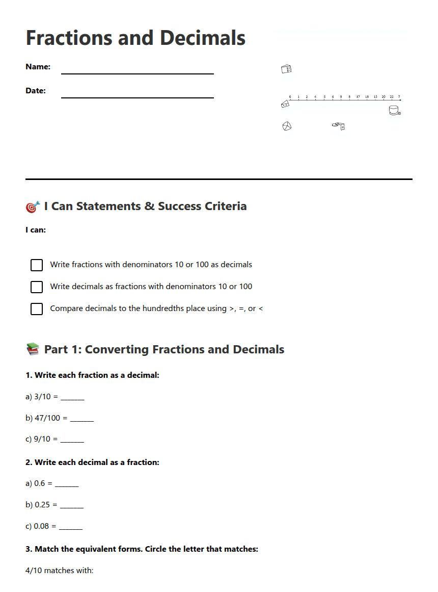 Fractions and Decimals worksheet preview