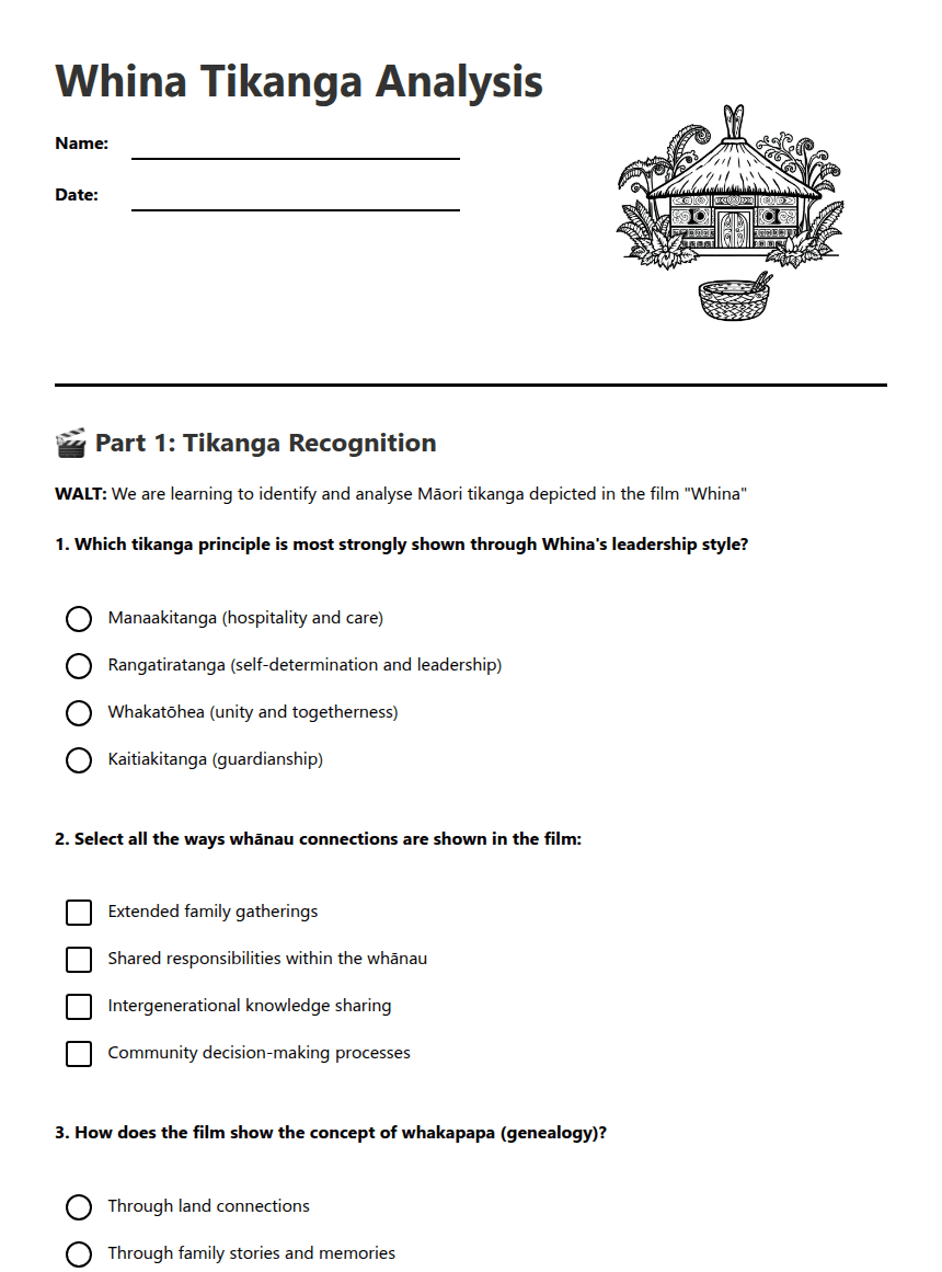 Whina Tikanga Analysis worksheet preview