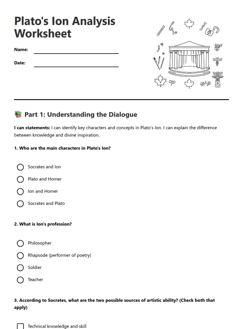 Plato's Ion Analysis Worksheet
