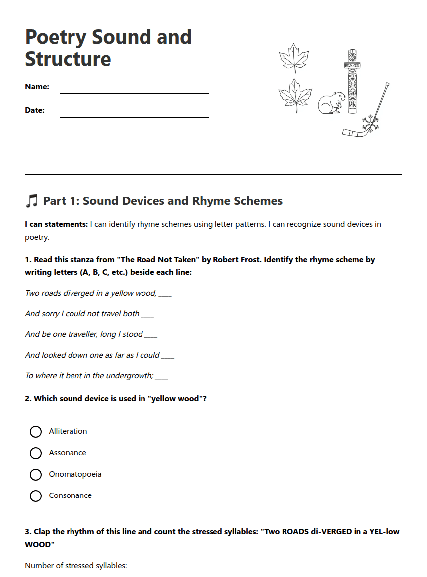 Poetry Sound and Structure worksheet preview