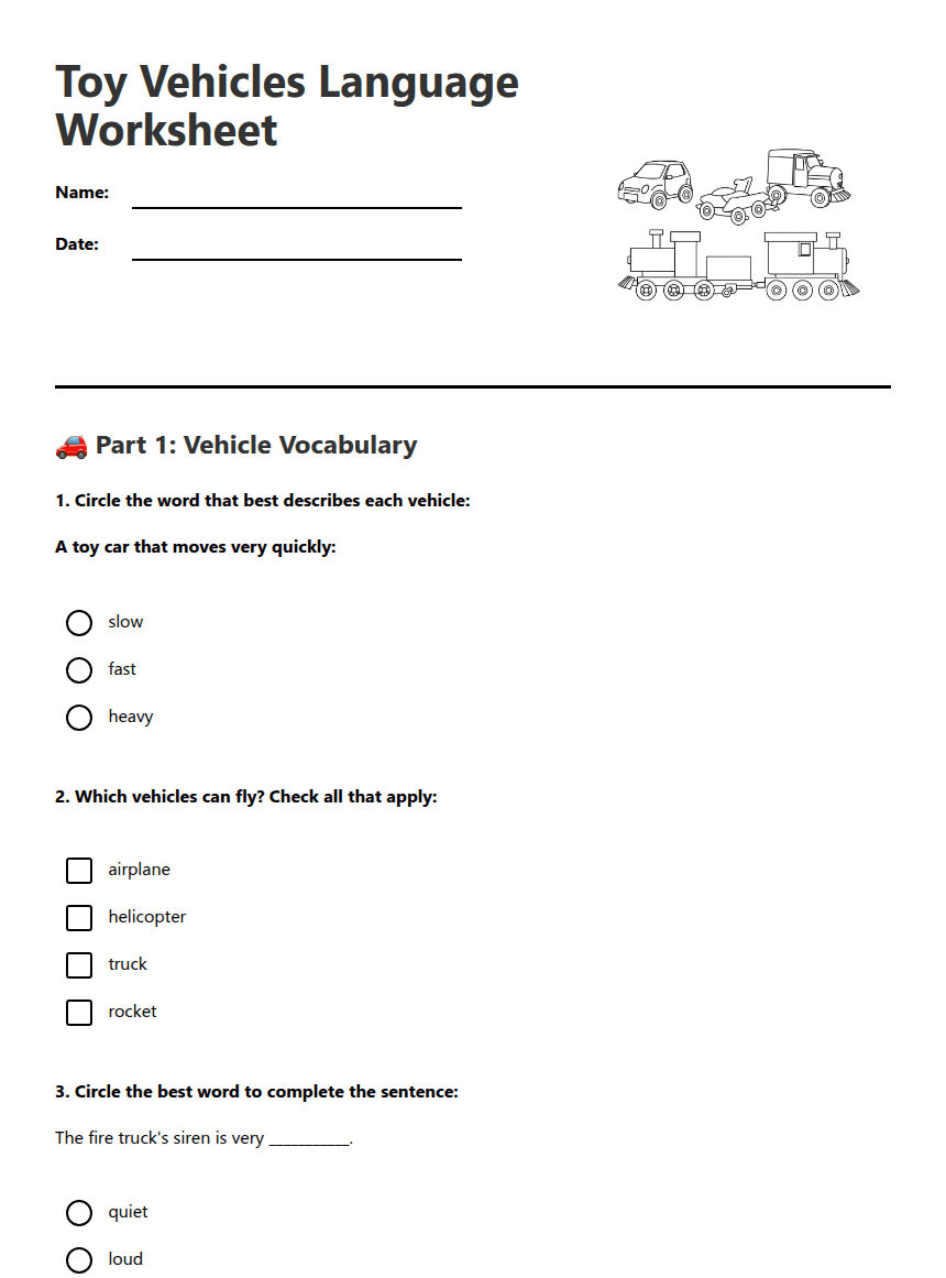 Toy Vehicles Language Worksheet worksheet preview