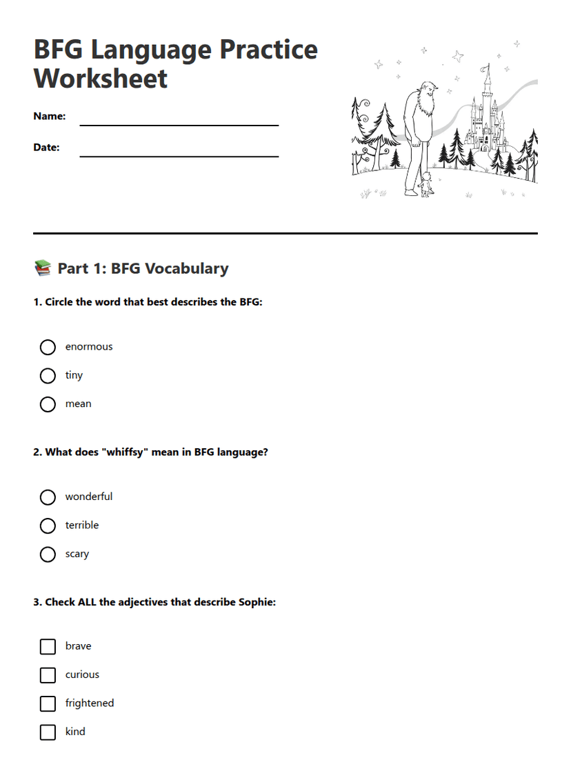 BFG Language Practice Worksheet