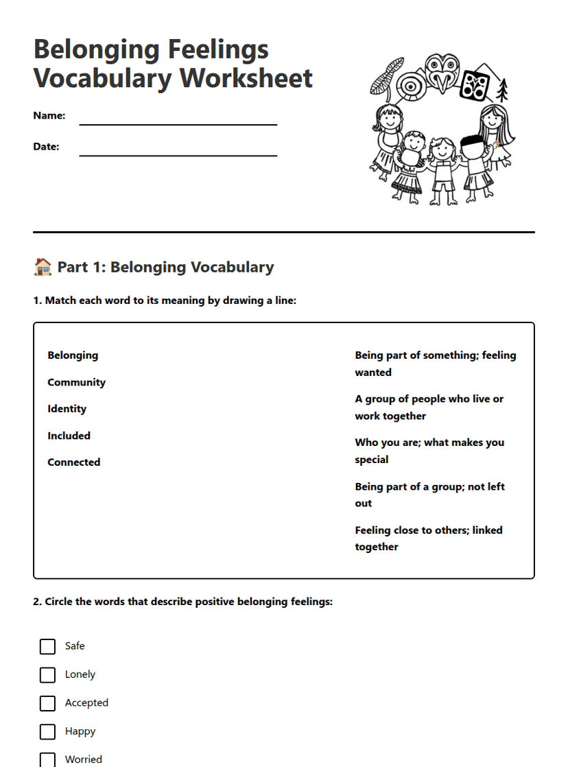 Belonging Feelings Vocabulary Worksheet