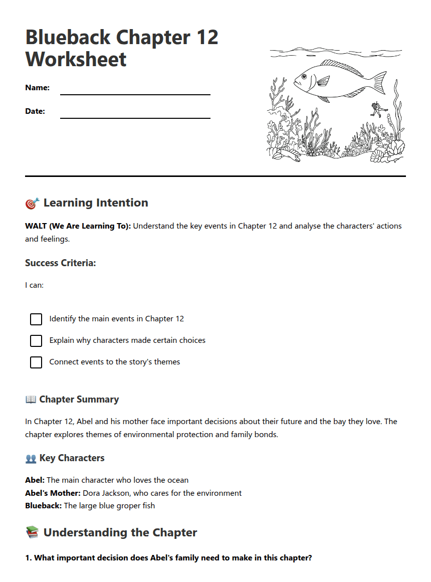 Blueback Chapter 12 Worksheet worksheet preview