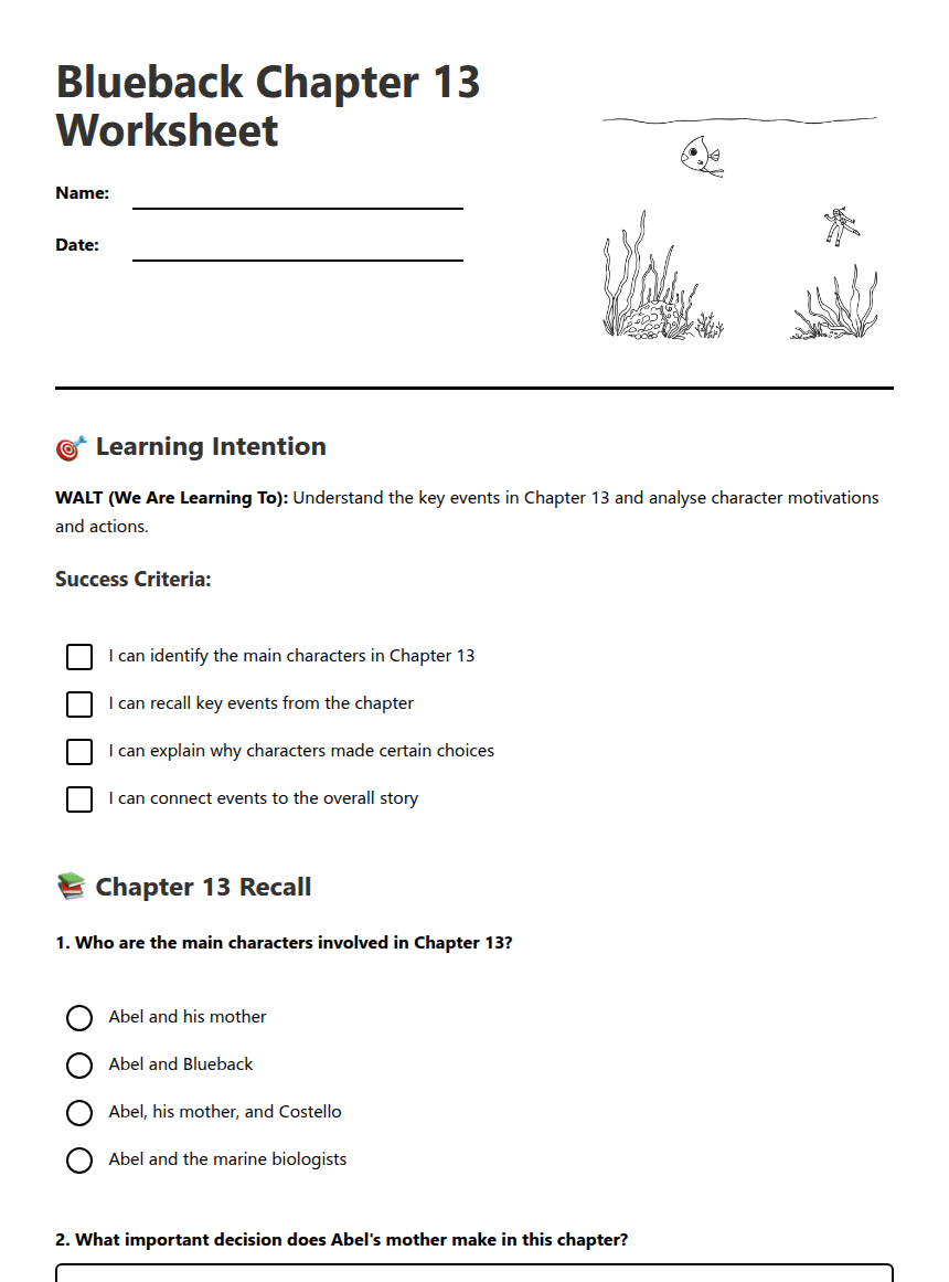 Blueback Chapter 13 Worksheet worksheet preview