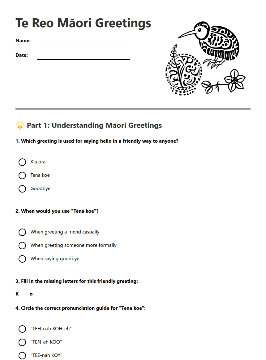 Te Reo Māori Greetings worksheet preview