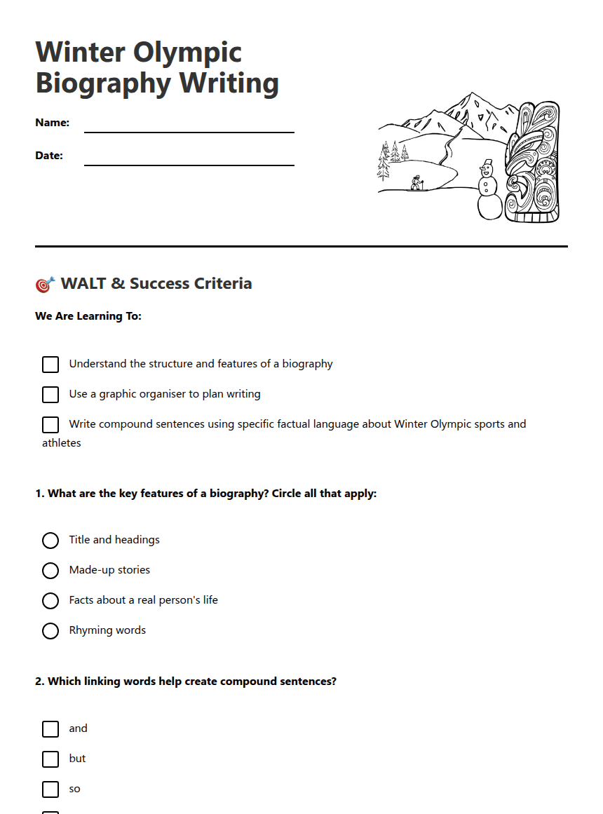Winter Olympic Biography Writing worksheet preview