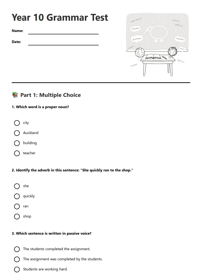 Year 10 Grammar Test worksheet preview