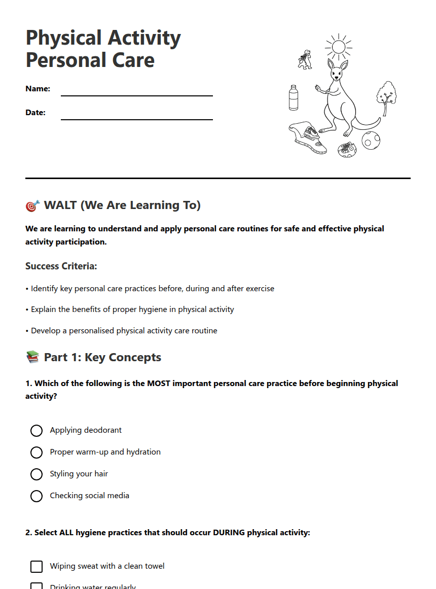 Physical Activity Personal Care worksheet preview