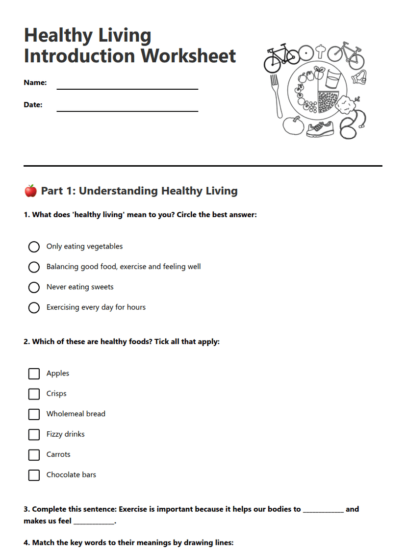 Healthy Living Introduction Worksheet