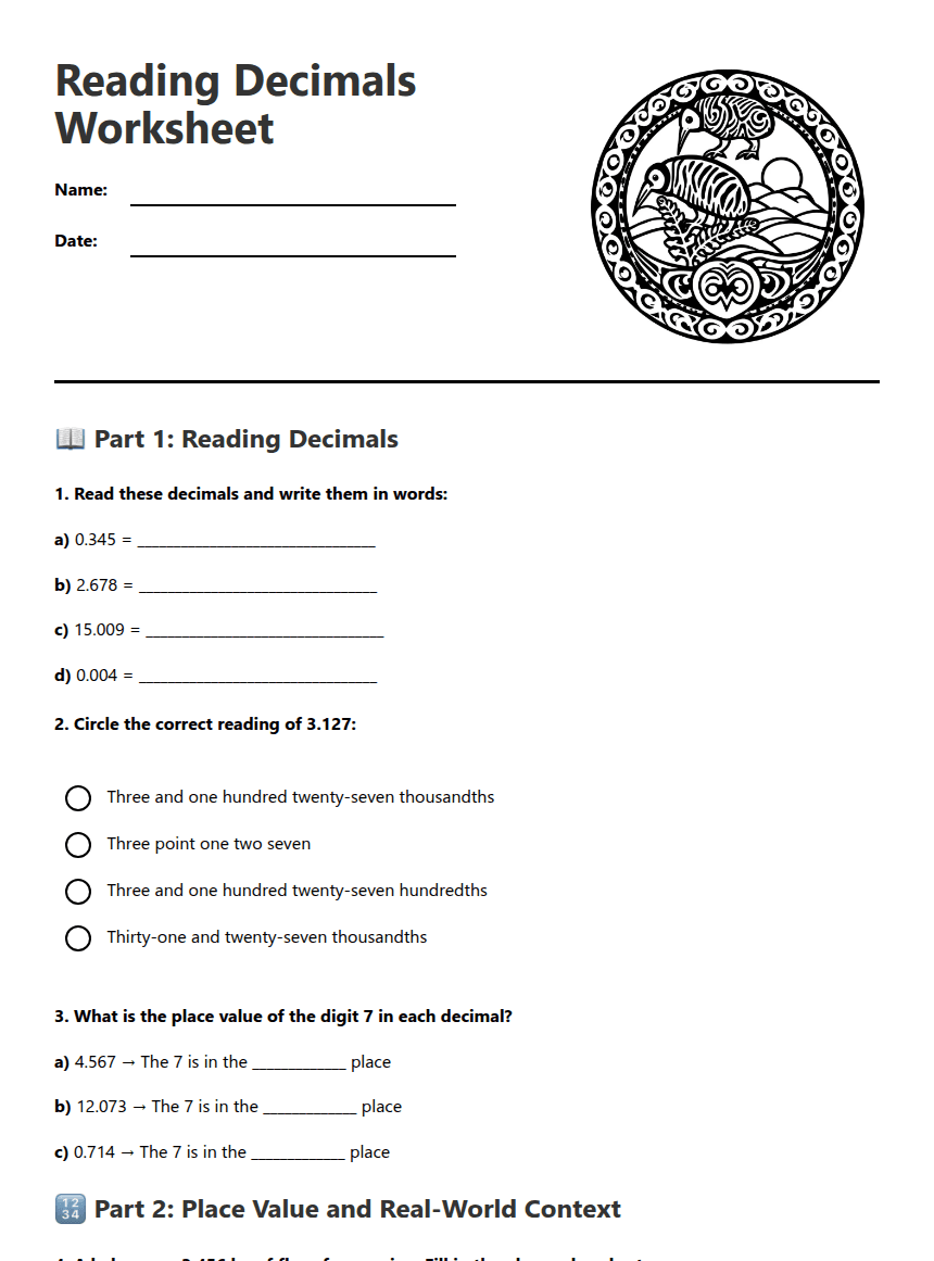 Reading Decimals Worksheet worksheet preview