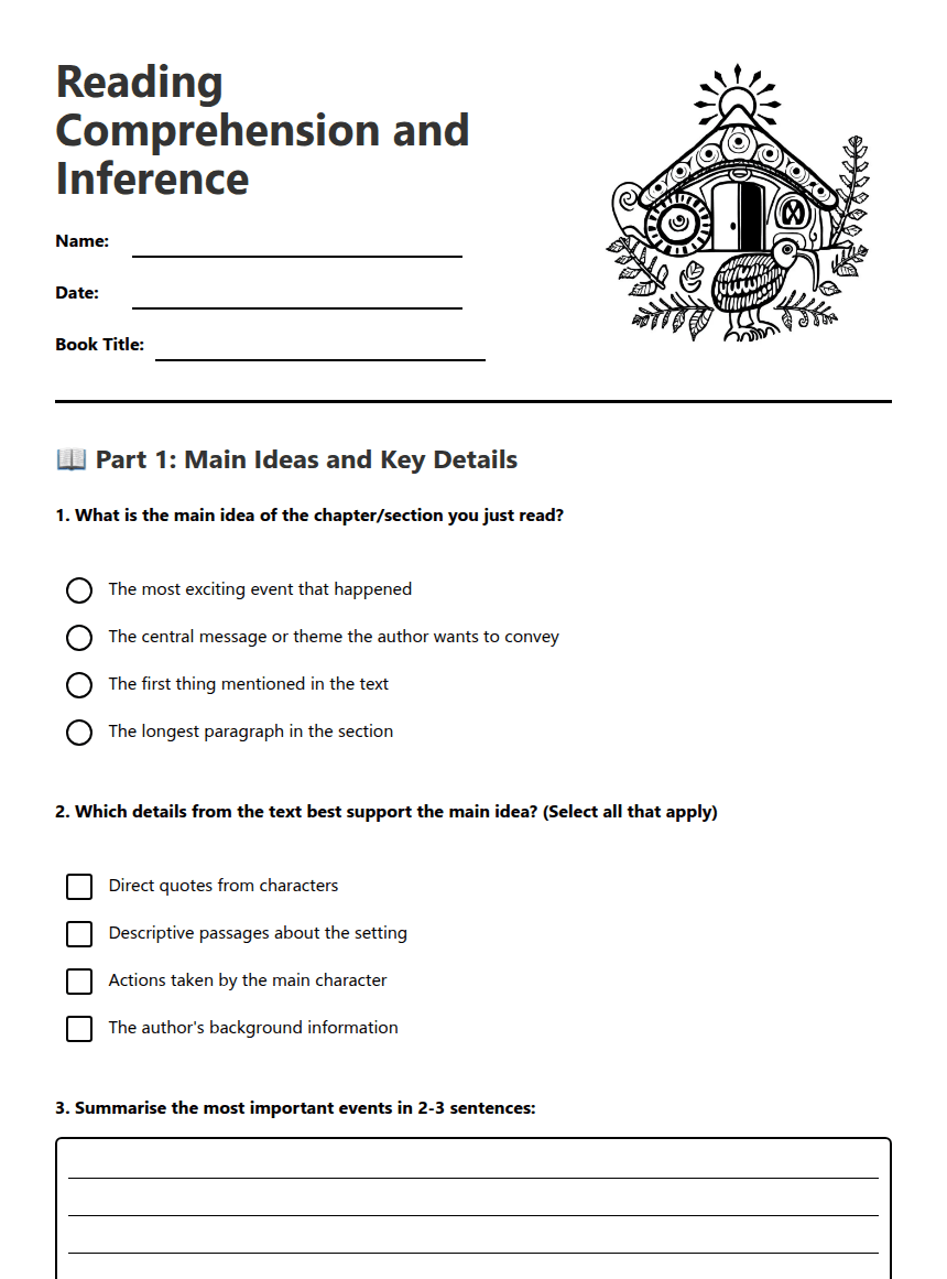 Reading Comprehension and Inference worksheet preview