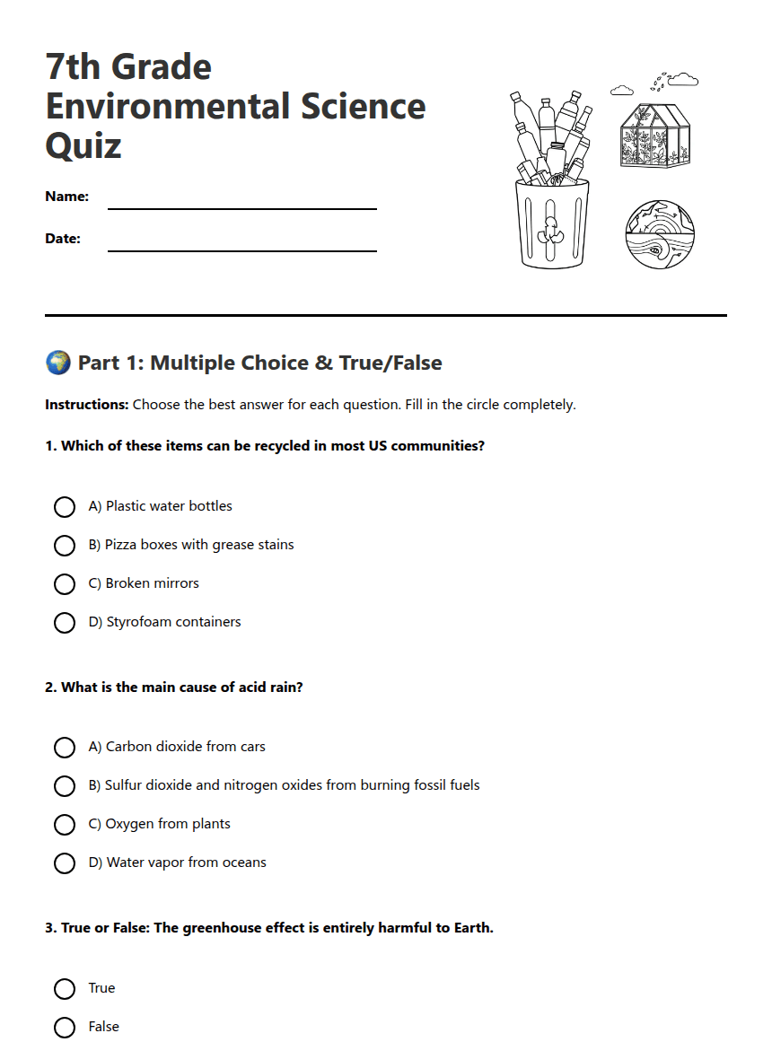 7th Grade Environmental Science Quiz worksheet preview
