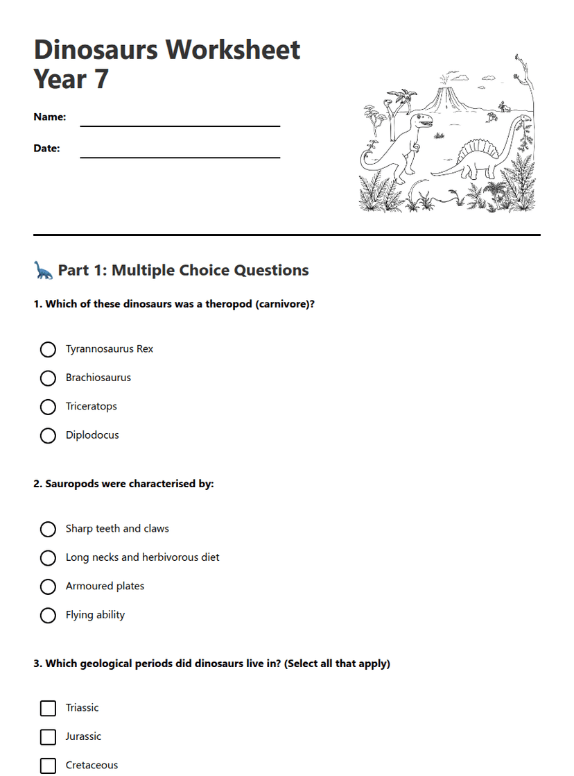 Dinosaurs Worksheet Year 7