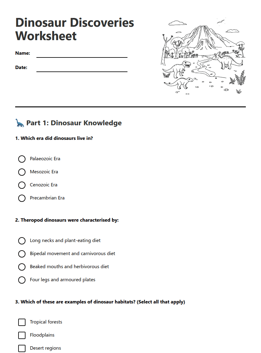 Dinosaur Discoveries Worksheet worksheet preview