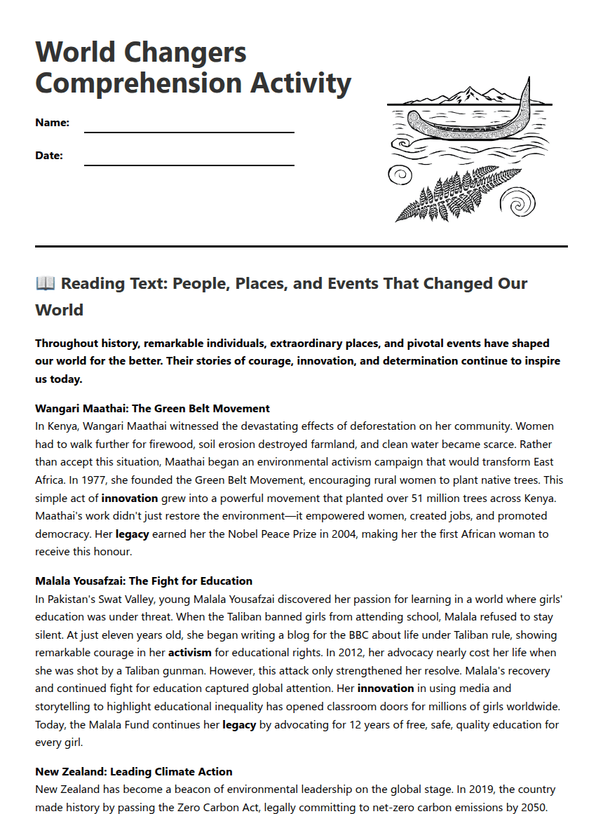 World Changers Comprehension Activity worksheet preview