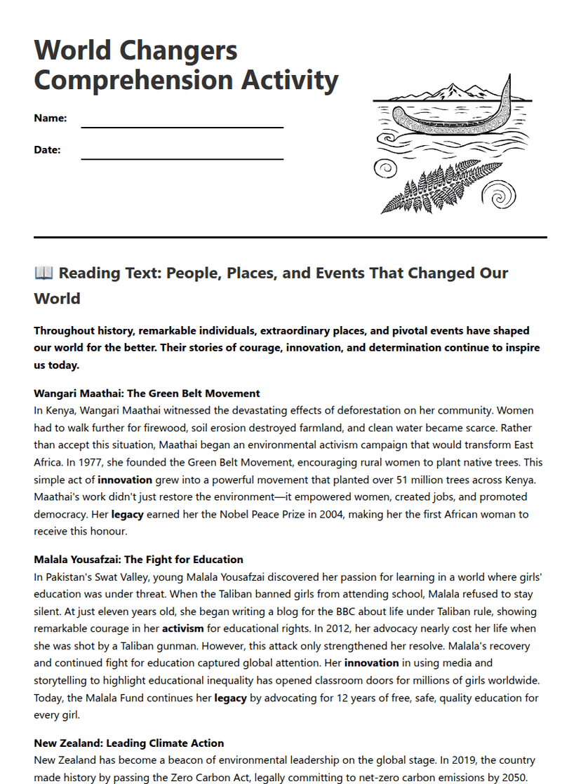 World Changers Comprehension Activity