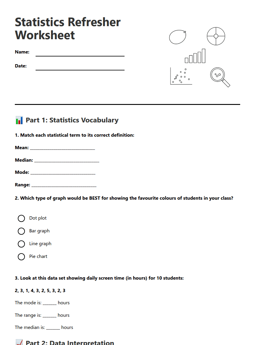 Statistics Refresher Worksheet worksheet preview