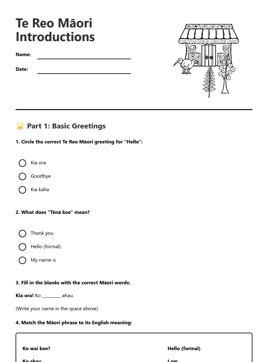 Te Reo Māori Introductions worksheet preview