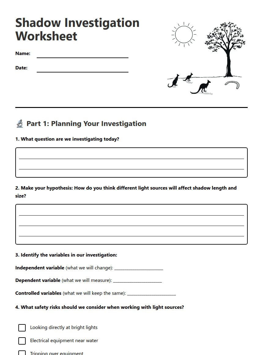 Shadow Investigation Worksheet worksheet preview