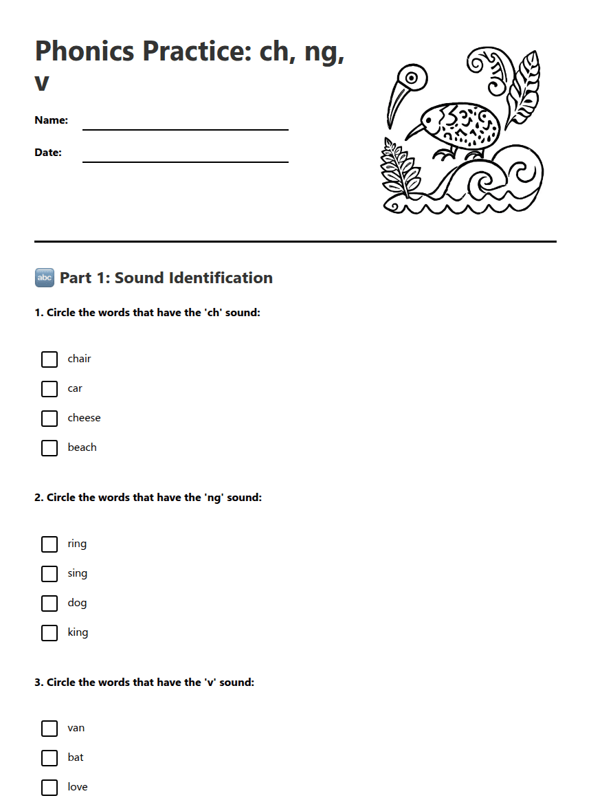 Phonics Practice: ch, ng, v worksheet preview